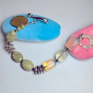 Bracelet - Chunky, post-modern, silver, turquoise, jade, quartz. Unique!